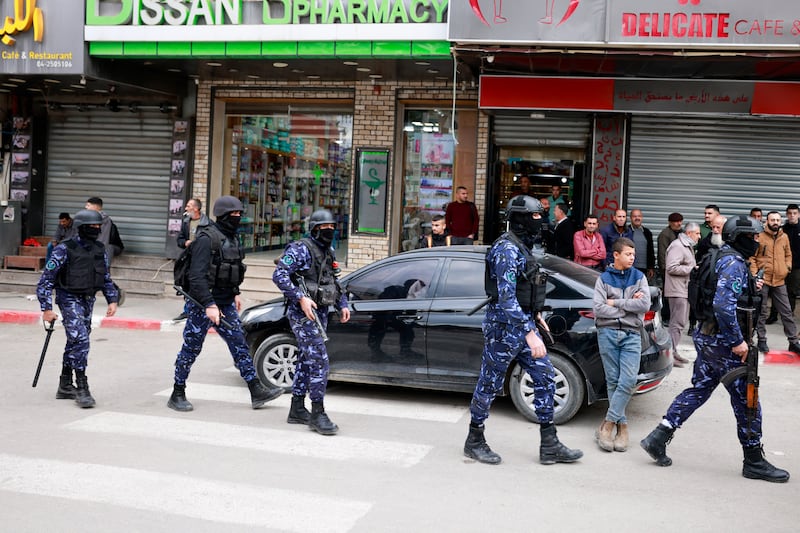 Palestinian security forces gather at the site of a protest against clashes between their force and militants in the occupied West Bank city of Jenin on December 21st. Photograph: Jaafar Ashtiyeh/AFP via Getty