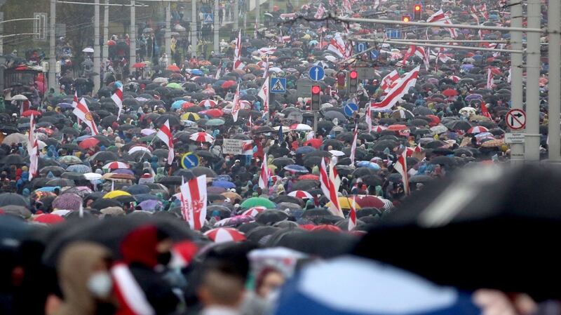 Opposition supporters  during a rally to protest against the Belarus presidential election results in Minsk on October 11th. Photograph: Stringer/AFP via Getty Images