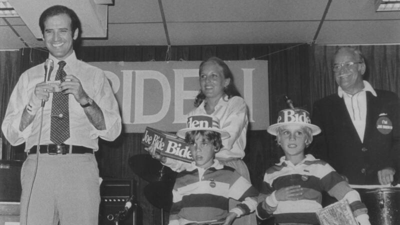 Senator Joe Biden on stage with his wife, Jill, and sons Hunter and Beau, along with his father, Joe Biden snr, during a campaign event in 1988. Photograph: AP Photo