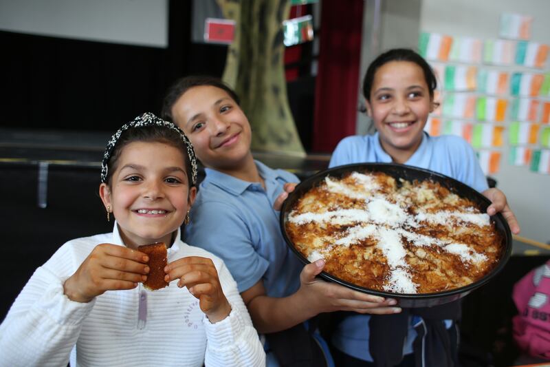 From left, Sham Alhabra (second class), Sidra Al Hamoud (second class) and Rahaf Al Hamoud (fourth class) from Syria attend Bunscoil McAuley Rice, a school dedicated to being a welcoming place for all, particularly those seeking sanctuary. Photograph: Bryan O'Brien