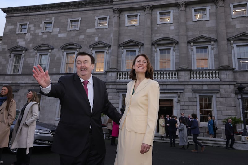 Husband and wife team Colm Brophy and  Maeve O’Connell at Leinster House for the first sitting of the 34th Dáil. Photograph: Alan Betson 

