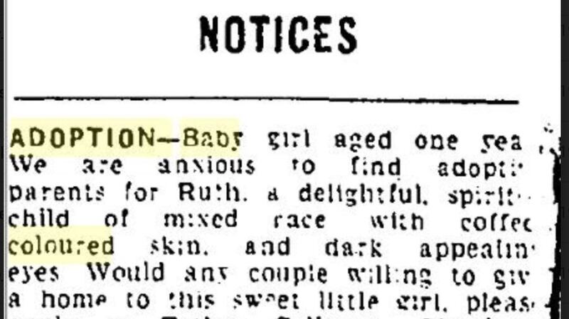 An adoption advertisement for a mixed-race baby girl, from the Evening Herald, October 11th, 1965.