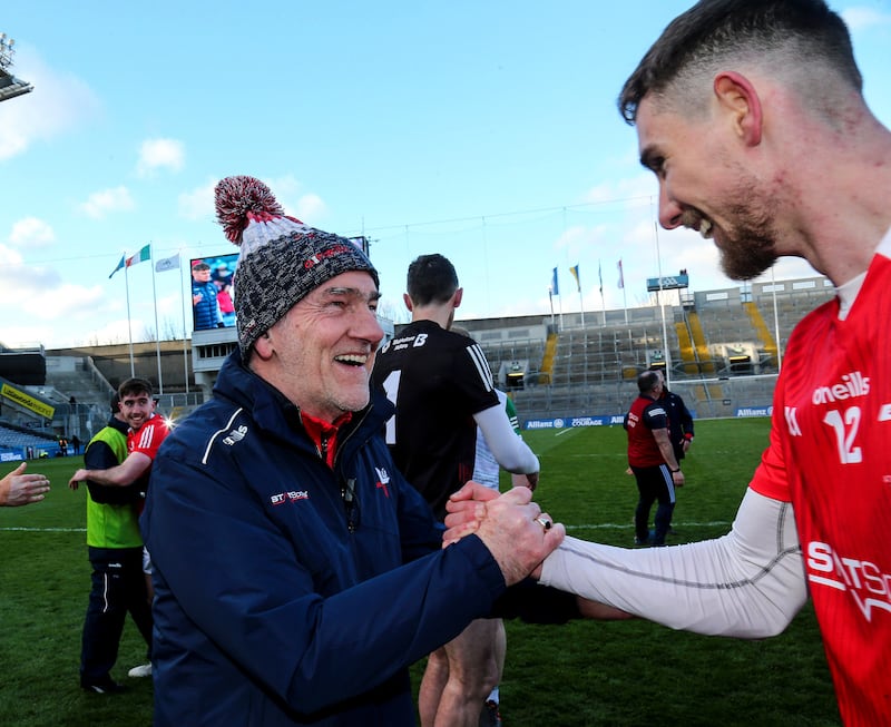 Louth manager Mickey Harte celebrates with Ciarán Downey after the Division Three Final against Limerick at Croke Park in April 2022. Photograph: Lorraine O'Sullivan/Inpho

