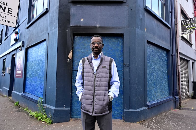 Mohammed Idris’s business in Sandy Row has been burnt down twice over the past two years. Photograph: Arthur Allison/Pacemaker Press