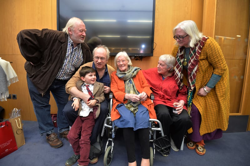 Jennifer Johnston at the opening of an exhibition of her work with her sons Paddy and  Malachi and daughters Sarah and Lucy and grandson Attikos Lemos Smyth. Photograph: Alan Betson

