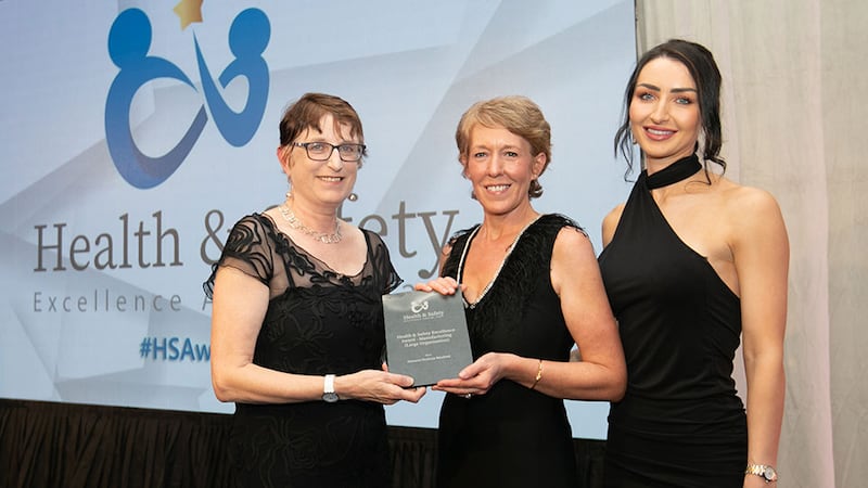 Patricia Ennis Gillen, awards judge, presents the Health & Safety Excellence Award - Manufacturing (Large Organisation) to Niamh O'Sullivan and Katie Smith, Danone Nutricia Wexford