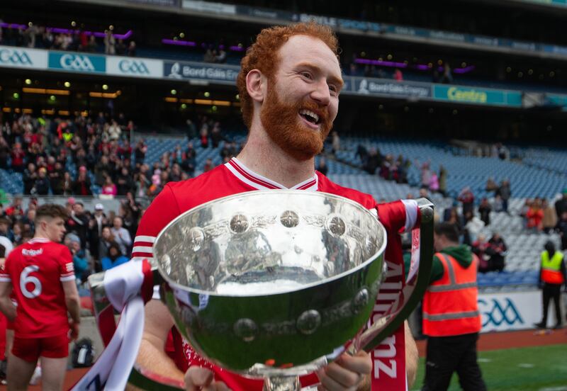 Conor Glass celebrates after Derry beat Dublin in the Division One final. Photograph: Leah Scholes/Inpho