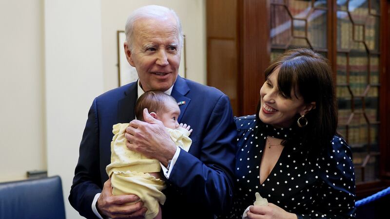 US president Joe Biden meets with Senator Rebecca Moynihan with daughter Margot in Leinster House. Photograph: Maxwells
