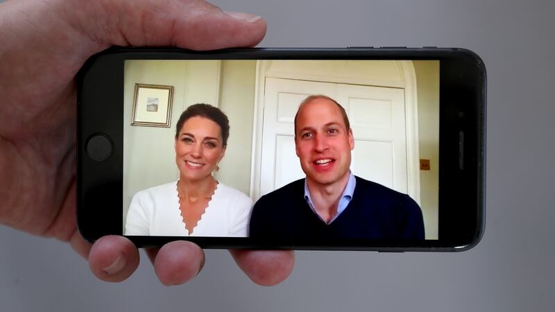 Prince William, Duke of Cambridge and Catherine, Duchess of Cambridge speak to crisis volunteers on a video-call to mark the first anniversary of crisis helpline Shout85258 on May 15th, 2020. Photograph: Chris Jackson/Getty Images.