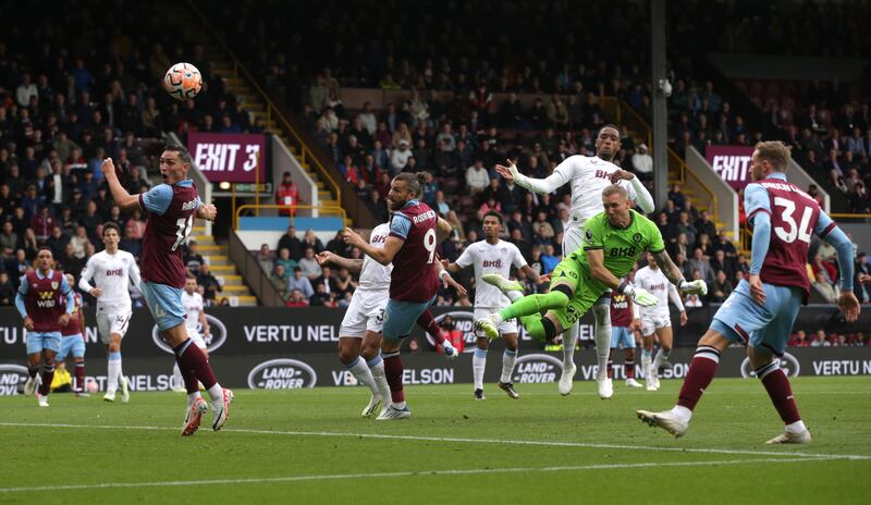 Burnley's Jay Rodriguez heads towards goal during the Premier League match at Turf Moor, Burnley. Photograph: Ian Hodgson/PA