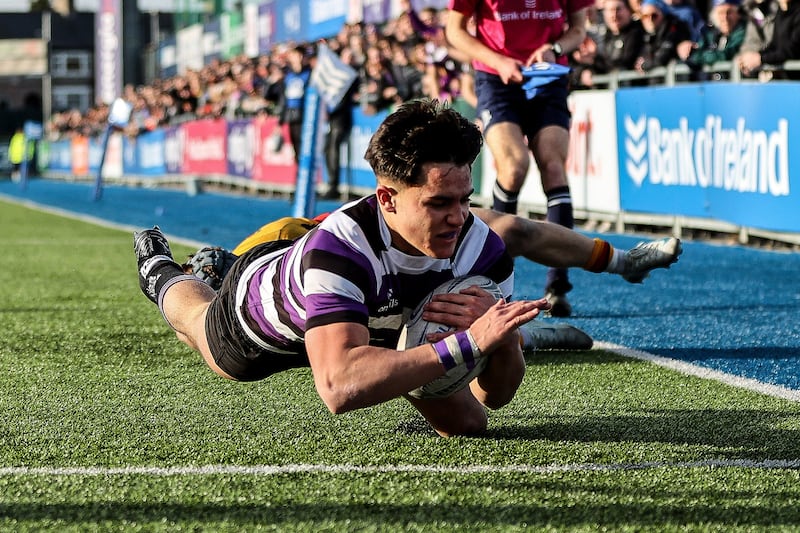 Terenure's Ethan Balamash scores a try during the Bank of Ireland Leinster Schools Senior Cup semi-final against St Fintan's High School at Energia Park in Donnybrook. Photograph: Andrew Conan/Inpho