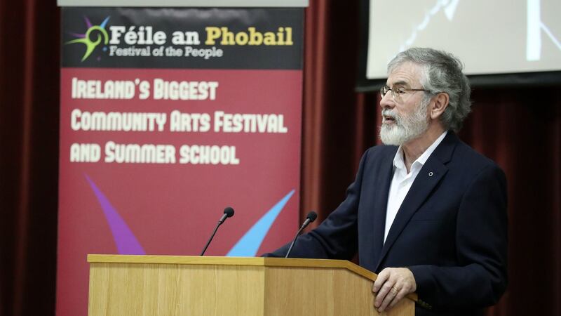 Gerry Adams speaks at St Mary’s University College in Belfast at an event to mark the 30th anniversary of the death of  solicitor Pat Finucane. Photograph: Kelvin Boyes/PA Wire