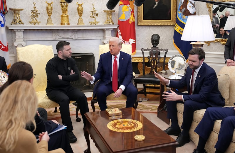 US president Donald Trump and vice-president JD Vance meet Ukrainian president Volodymyr Zelenskiy in the White House Oval Office on Friday. Photograph: Andrew Harnik/Getty