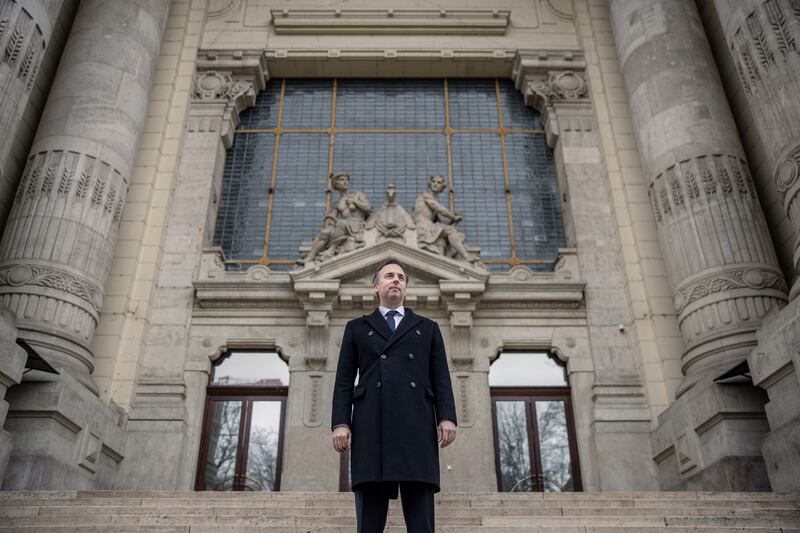 Ambassador David Pressman outside Hungary's former National Television headquarters in Budapest. The media there is increasingly controlled by ideological allies of prime minister Victor Orban. Photograph: Akos Stiller/The New York Times