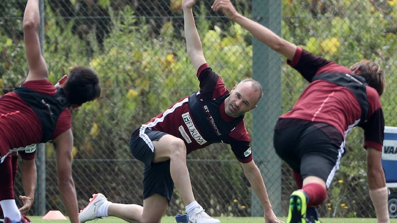 Andres Iniesta at his first training session after joining Japanese J-League team Vissel Kobe in Kobe. Photograph: Jiji Press/AFP/Getty Images