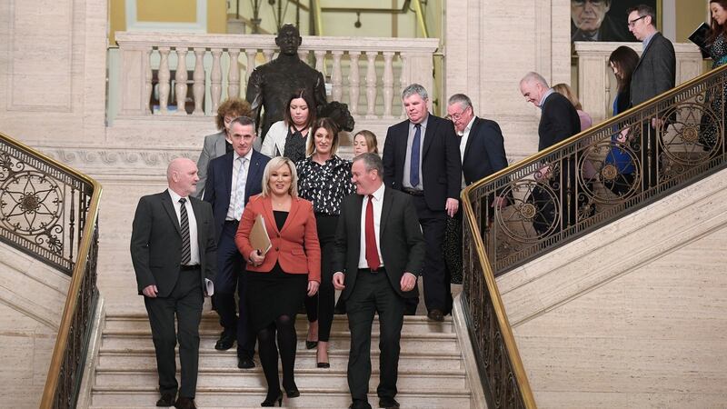 Michelle O’Neill of Sinn Féin leads her party into the chamber  in Stormont. Photograph: Michael Cooper/PA