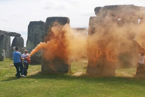 Stonehenge sprayed with orange paint by Just Stop Oil protesters 
