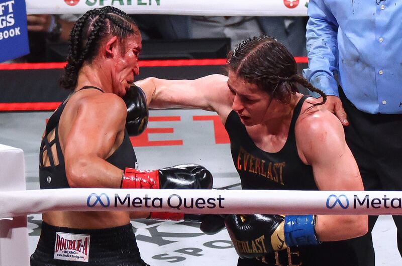 Katie Taylor lands a punch on Amanda Serrano during their Super-Lightweight Championship bout in Texas in November. Photograph: Ed Mulholland/Inpho