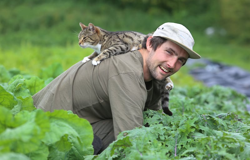 Louis with Princess, one of the three pet cats on the farm. Photograph: Joe O’Shaughnessy 