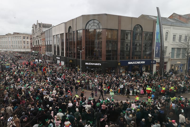 Performers take part in the St Patrick's Day Parade in Belfast. 
Photograph: Liam McBurney/PA Wire