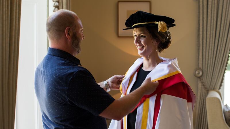 Vicky Phelan with her husband Jim, when she was conferred with an Honorary Doctorate  in recognition of her exceptional commitment to improving women’s healthcare in Ireland by the University of Limerick. Photograph: Sean Curtin/True Media.