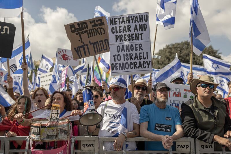 Protesters against the government's legal reform outside the parliament in Jerusalem in March. Photograph: Avishag Shaar-Yashuv/The New York Times
                      