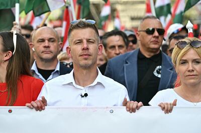 Hungarian lawyer Peter Magyar: 'Not for a minute longer do I want to partake in a system where the real culprits hide behind women’s skirts,' he wrote on Facebook, in reference to two female allies of Viktor Orban, including his former wife, allegedly taking the fall for him. Photograph: Attila Kisbenedek/AFP/Getty 