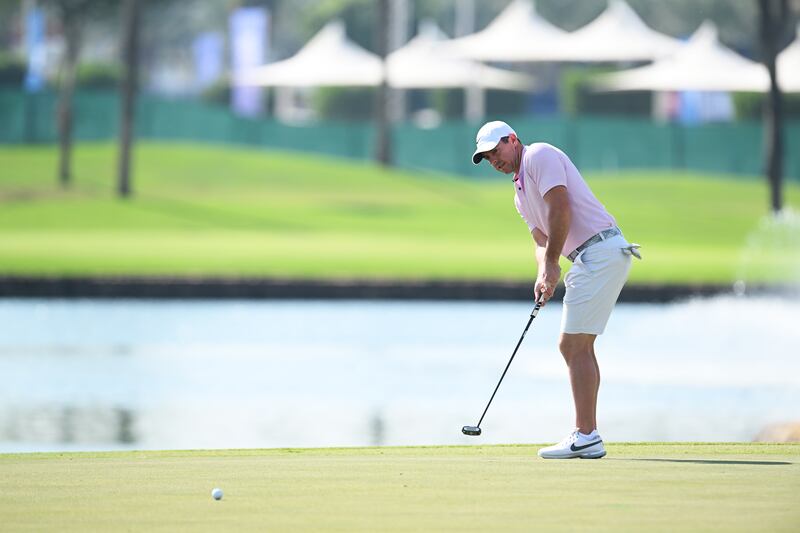 Rory McIlroy putts on the second green during a practice round prior to the Dubai Invitational. Photograph: Alex Burstow/Getty Images