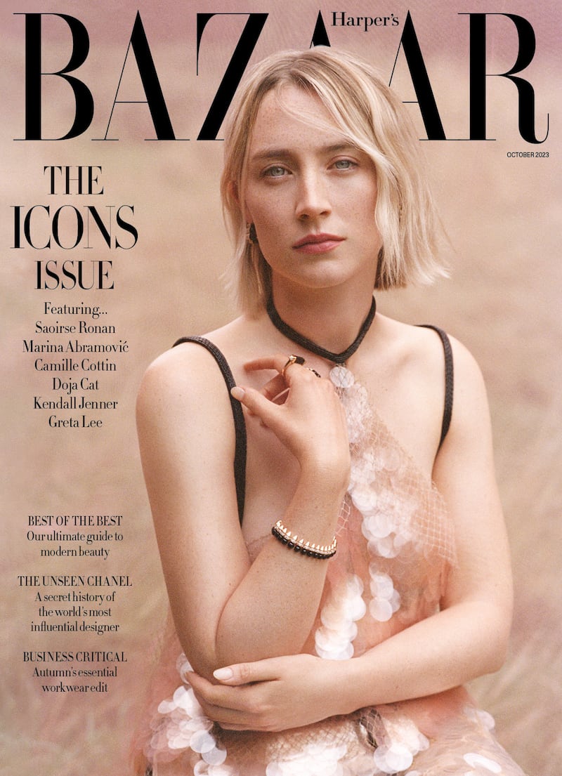 Saoirse Ronan on the front cover of the October issue of Harper's Bazaar UK. Photograph: Harper’s Bazaar UK/Agata Pospieszynska/PA 