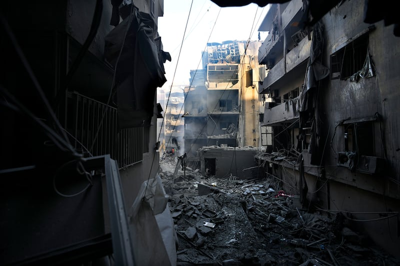 Destroyed buildings at the site of an Israeli air strike in Beirut. Photograph: AP Photo/Hassan Ammar