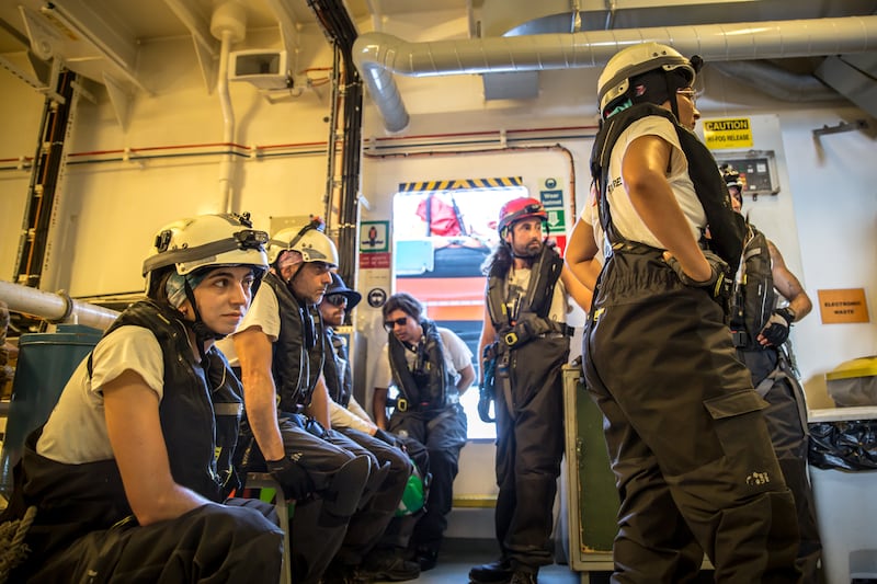 MSF's rescue crew wait to be deployed to help a boat in distress. Photograph: Sally Hayden