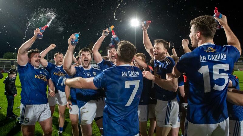 Cavan players celebrate after their Ulster final win over Donegal. Photograph: Morgan Treacy/Inpho