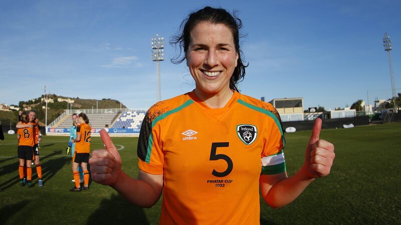 Niamh Fahey celebrates winning her 100th cap and Ireland’s victory over Poland in the Pinatar Cup at  La Manga, Murcia, Spain. Photograph: Martin Seras Lima/Inpho