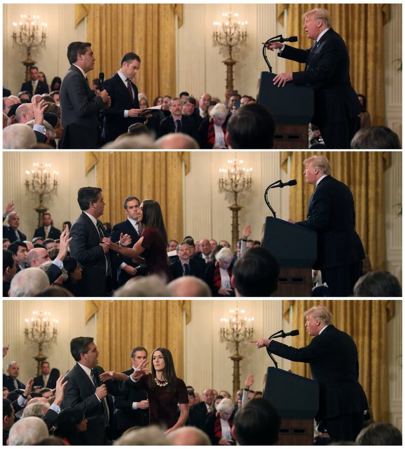 Acosta accosted?: after Donald Trump refused to take questions from Jim Acosta of CNN, a  White House intern tried to take his microphone. A physical confrontation was averted, but only just. Photograph: Jonathan Ernst/Reuters