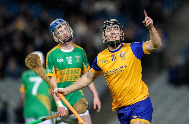 Sean Currie of Na Fianna celebrates a goal against Kilcormac-Killoughey. Photograph: James Lawlor/Inpho