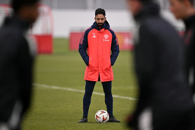 Manchester United's Ruben Amorim takes a training session at the Carrington Training Complex in Manchester. Photograph: Oli Scarff/Getty