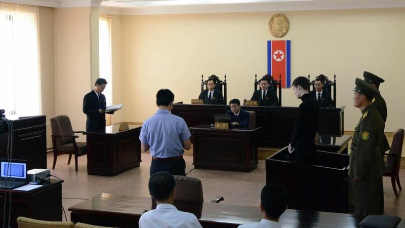 US citizen Matthew Todd Miller stands in a witness box during his trial at the North Korean Supreme Court in this undated photo released by North Korea’s Korean Central News Agency (KCNA) in Pyongyang today. Photograph: KCNA/Reuters