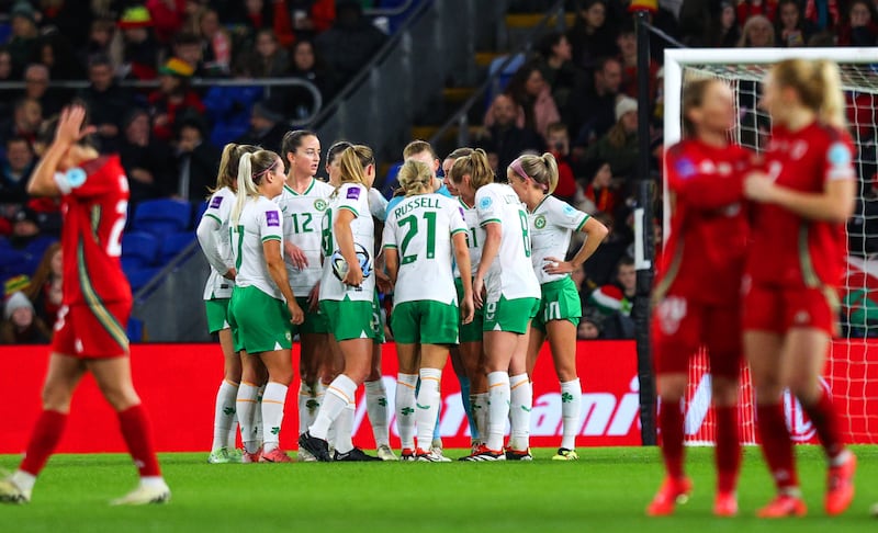 The Ireland team huddle after conceding the first goal of the game. Photograph: Ryan Byrne/Inpho