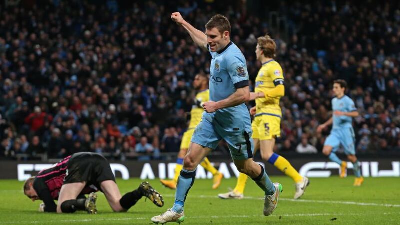 James Milner of Manchester City celebrates after scoring his first against Sheffield Wednesday at Etihad Stadium. Photograph:  Jan Kruger/Getty Images