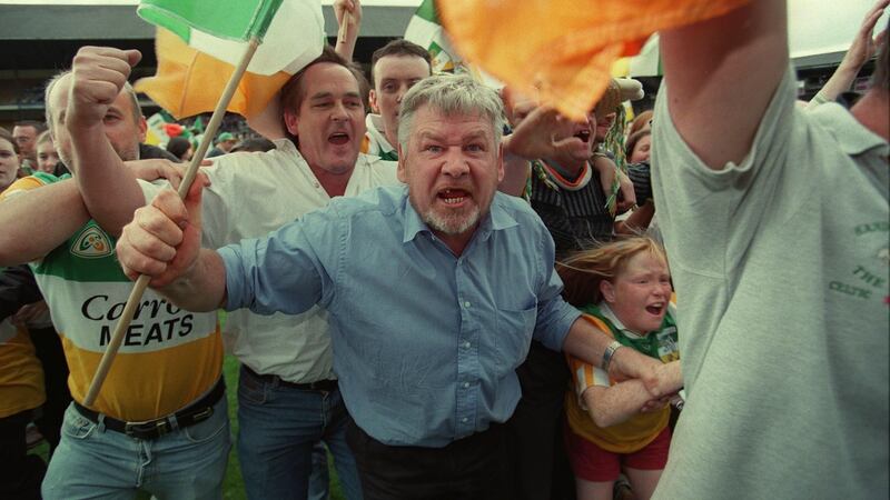 Angry Offaly fans protest at the end of the match when the referee blew up early. Photograph: James Meehan/Inpho