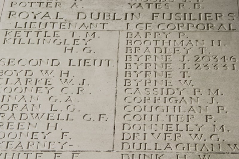 Names of members of the Royal Dublin Fusiliers on a memorial at Thiepval in France include that of former MP Tom Kettle