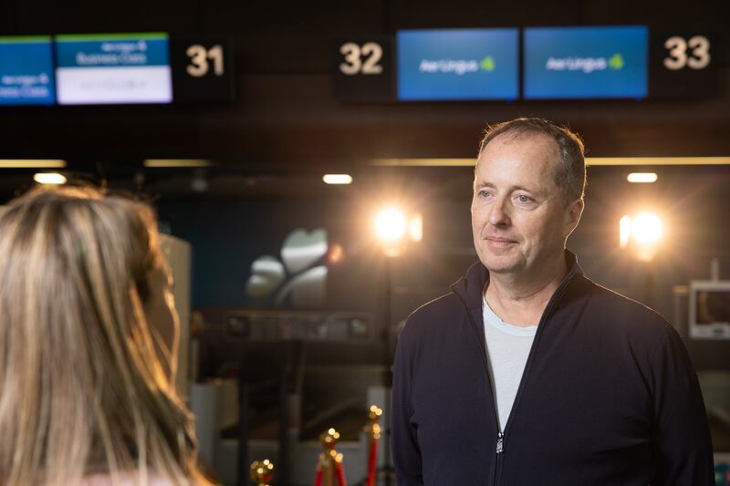 Element Pictures producer Andrew Lowe at Dublin Airport on his way to Los Angeles for the 2024 Oscars. Poor Things, which he produced, is nominated for best picture. Photograph: Naoise Culhane