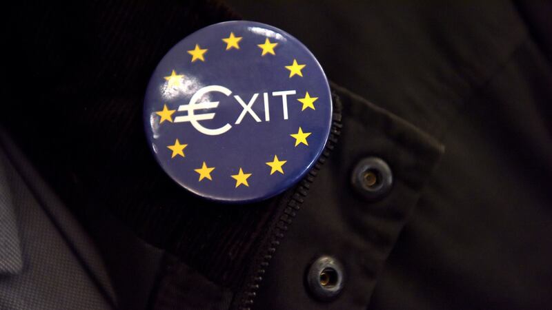 A European Union exit badge on display in the RDS Dublin. Photograph: Bryan Meade