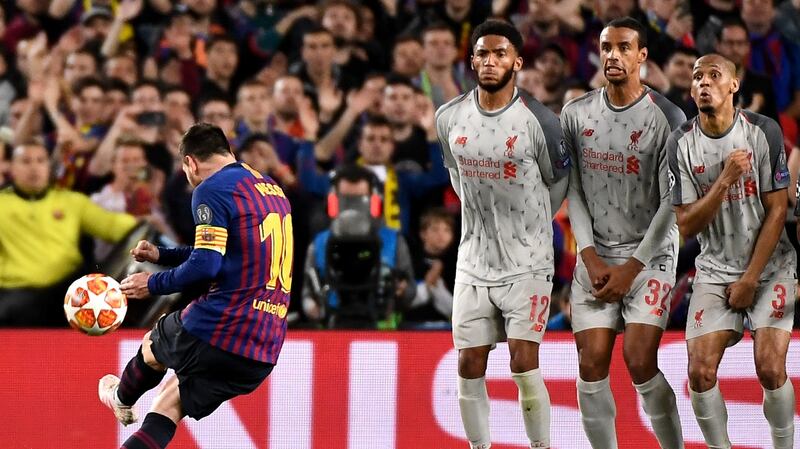 Lionel Messi scores a free-kick in the Champions League semi-final first leg against Liverpool at the Nou Camp. Photograph: Jose Jordan/AFP via Getty Images