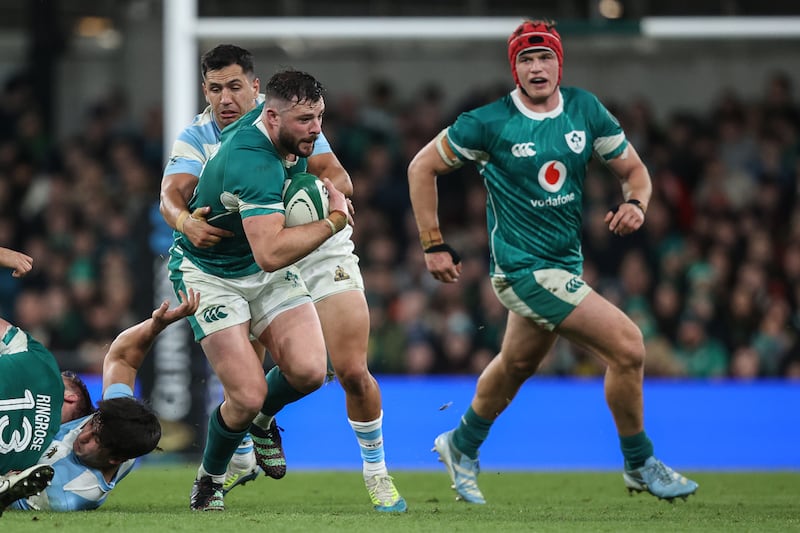 Ireland's Robbie Henshaw under pressure from Argentina's Matias Moroni. Photograph: Ben Brady/Inpho