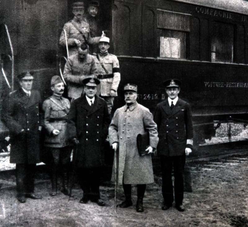 French marshal Ferdinand Foch (second from right) with   commanders of first World War allied forces beside the train at Compiègne where the  armistice with Germany was signed  on November 11th,  1918.  Photograph: Getty