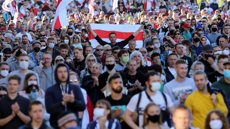 A demonstration called by the opposition movement calling for an end to the regime of Alexander Lukashenko. Photograph: TUT.BY/AFP via Getty Images