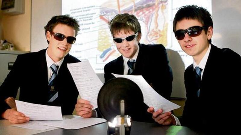 From left: Declan Keaney, Neil Counihan and Alan Smith of St Gerard's in Bray with their UV/skin cancer awareness project. Photograph: Cyril Byrne