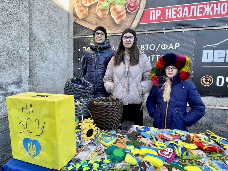 Dmytro (14), Diana (14) and Kamila (9) say they have collected about 3 million hryvnia (€69,000) since 2022 for the Ukrainian army. Photograph: Daniel McLaughlin