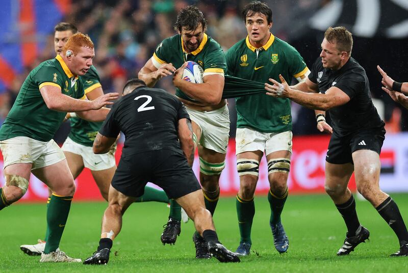 South Africa’s Eben Etzebeth (6ft 9in, 119kg) is tackled by Codie Taylor of New Zealand during the World Cup final. The Springboks largely resort to the power of their forwards' collective strength. Photograph: James Crombie/Inpho